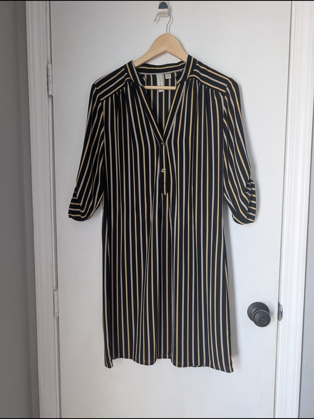 Tacera Black and Cream Striped Midi Shirt Dress